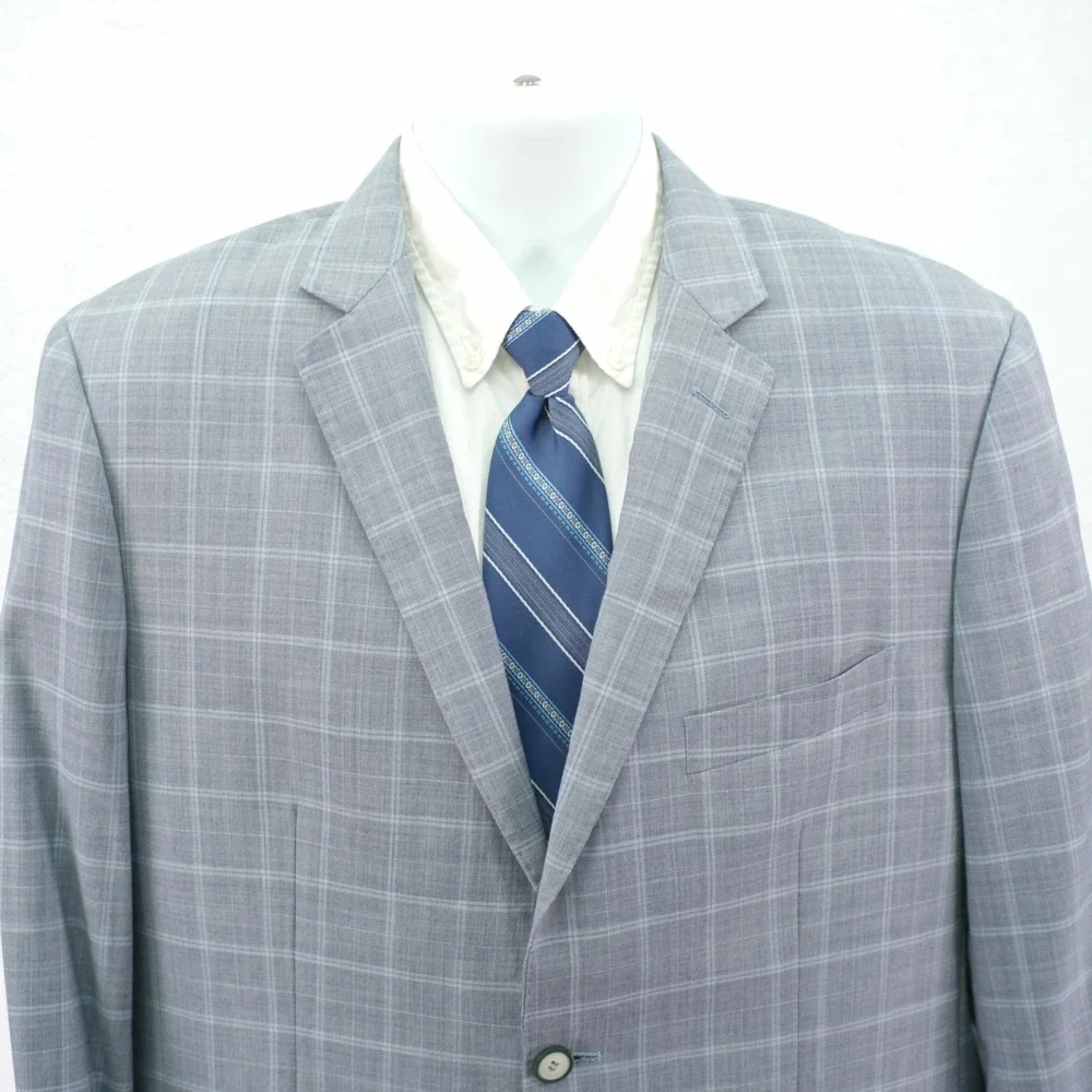 Pierre Cardin Blue Gray Sharskin Super 130's Wool Windowpane‎ Blazer 42R